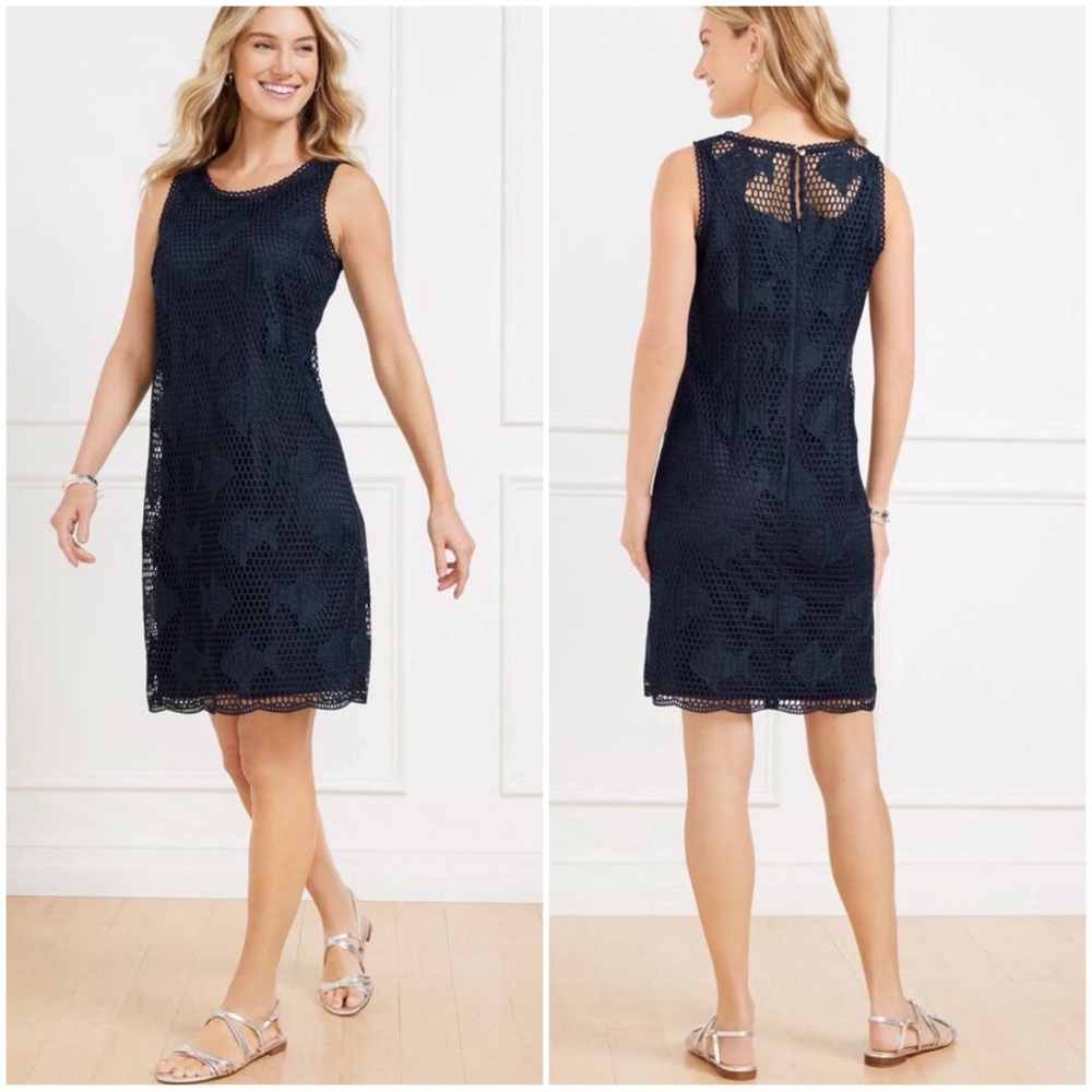 TALBOTS Women’s Size 16W Navy Blue Sleeveless Fish
Crochet Shift Dress‎